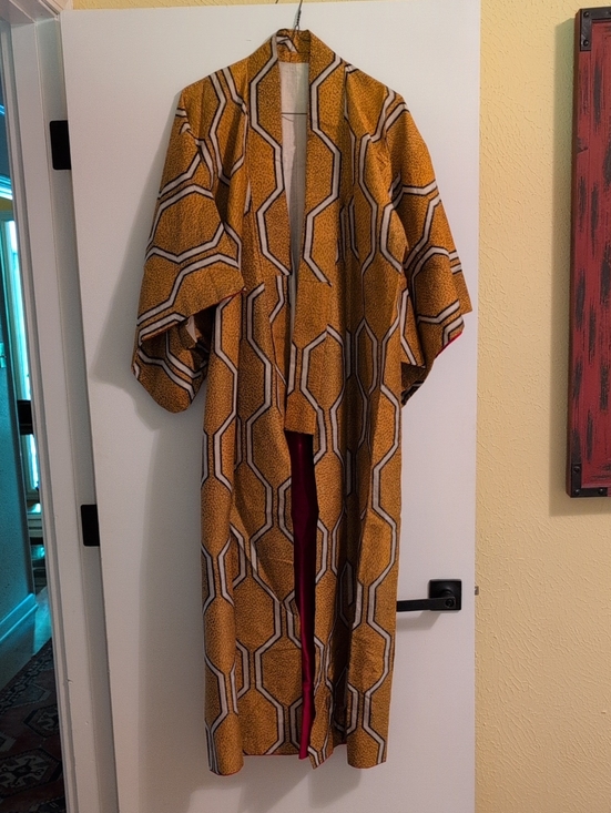 Other - Honeycomb Pattern Long Robe / Kimono - Mustard Yellow & White